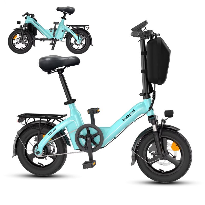 Imagen relacionada con Bicicleta Eléctrica Plegable Bodywel T16pro, Mini Bicicleta Eléctrica de 14 Pulgadas, Motor de 36V 10AH 250W, Bicicleta Eléctrica Portátil para Adultos con Asistencia de Potencia, Stock en la UE