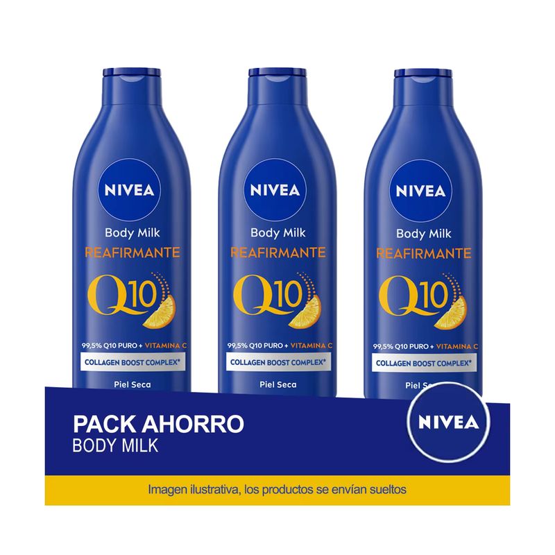 Imagen relacionada con 3x NIVEA Q10 Body Milk Reafirmante Piel Seca 400ml - Pack ahorro de 3 unidades
