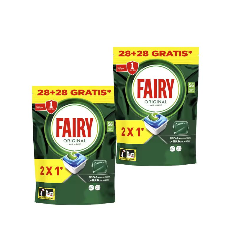 Imagen relacionada con 2x Fairy Original Todo En Uno - Pack de 2 Bolsas de 56 Cápsulas para Lavavajillas (112 Cápsulas) - Elimina Grasa y Resequedad, Detergente con Aroma Limpio y Fresco