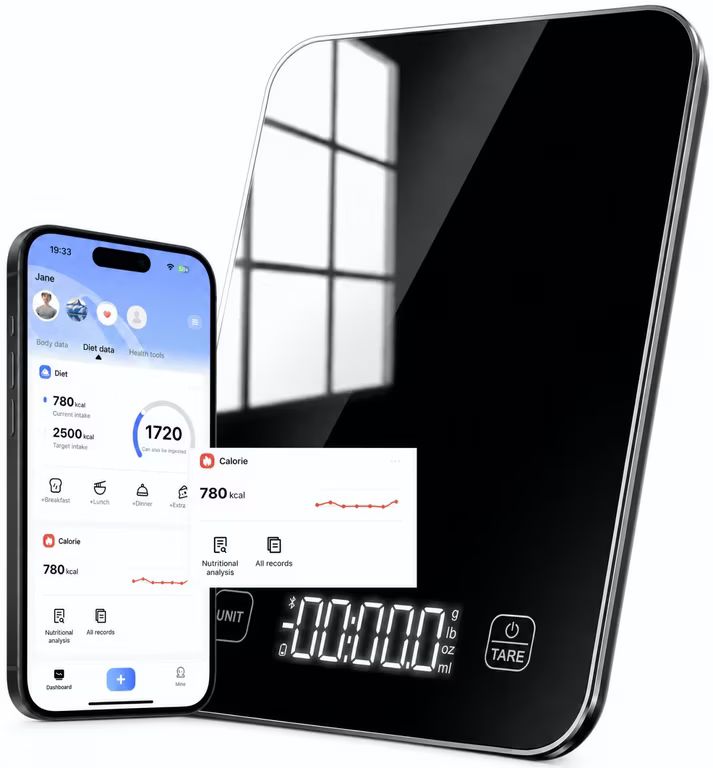 Imagen relacionada con Báscula digital inteligente de cocina con pantalla LED calculador de nutrientes y aplicación gratuita, capacidad de 10 kg