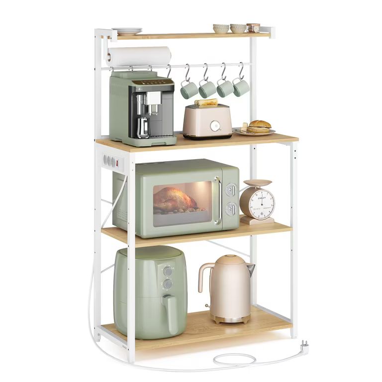 Imagen relacionada con VASAGLE Estantería de Cocina con Enchufe Múltiple, Barra de Café de 4 Niveles con Estante Ajustable, 8 Ganchos S, Soporte de Microondas
