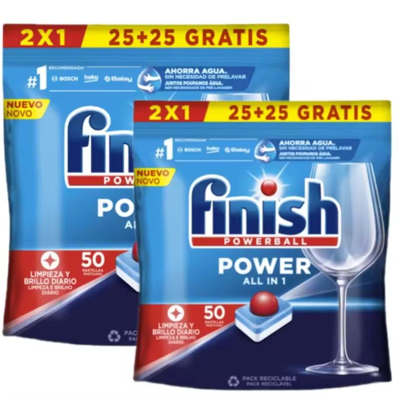 Imagen relacionada con 2x Finish Power All in ONE  Pack De 2 Paquetes De 25+25 (100) Pastillas para lavavajillas sin fosfatos, con potente Powerball para eliminar las manchas de grasa más difíciles.