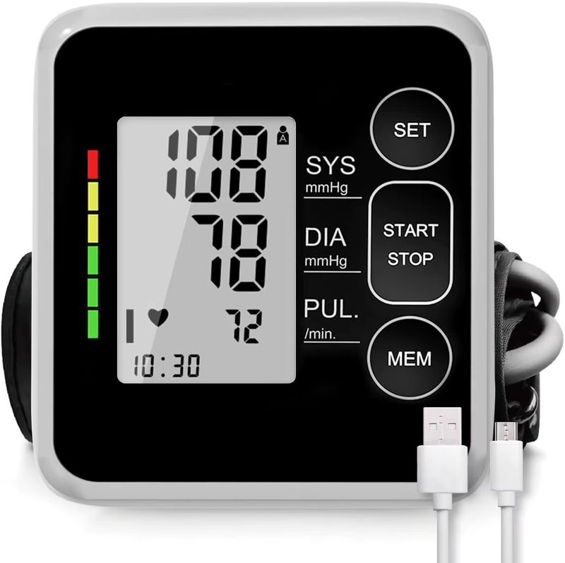 Imagen relacionada con Tensiómetros de brazo con gran pantalla LCD tricolor, clínicamente validado, brazalete ajustable tamaño 22-42cm, Detector defrec