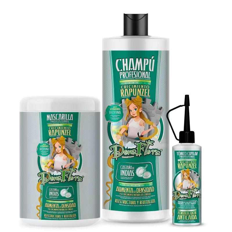 Imagen relacionada con PACK 3 PRODUCTOS DONA FLORA RAPUNZEL CHAMPU 1000ML+ MASCARILLA 1000ML +TONICO 70ML