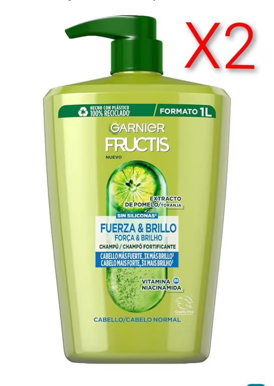 Imagen relacionada con X2. Garnier Fructis Shampoo Frueza & Brillo XXL con Vitamina B6, Niacinamida y Extracto de Pomelo ,cabello más fuerte y brillante, 1000ml