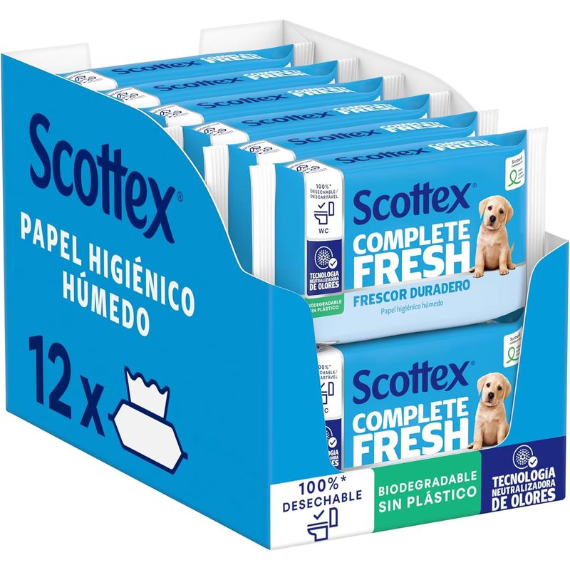 Imagen relacionada con 12x Scottex Papel Higiénico Húmedo Fresh con Agua Micelar y Vitamina E, Biodegradable y Sin Plástico, Caja 12 packs de 38 servicios, Total 456 Toallitas Húmedas Desechables por WC