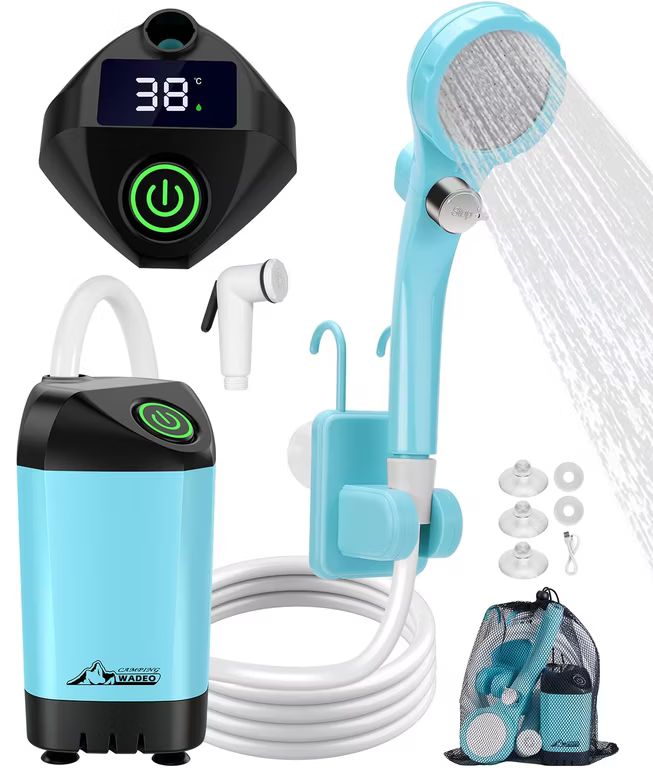 Imagen relacionada con WADEO Ducha de Camping portátil con batería y Bomba, Ducha de Camping con batería Recargable