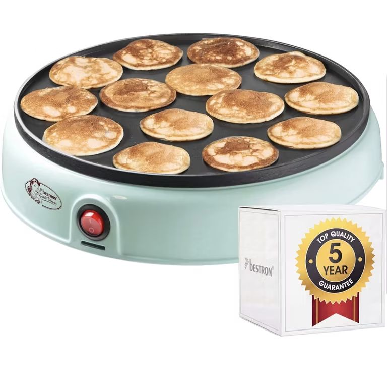 Imagen relacionada con Bestron Poffertjes Maker in Retro Design, Mini Pancake Maker, con revestimiento antiadherente, Sweet Dreams, 800 W,
