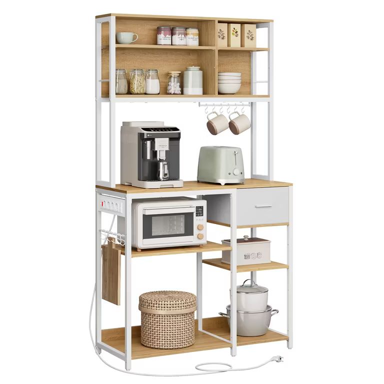 Imagen relacionada con VASAGLE Estantería de Cocina con Multienchufe, Armario de Cocina, 40 x 100 x 180,4 cm, Estante de Microondas, Cajón de Tela, 12 Ganchos