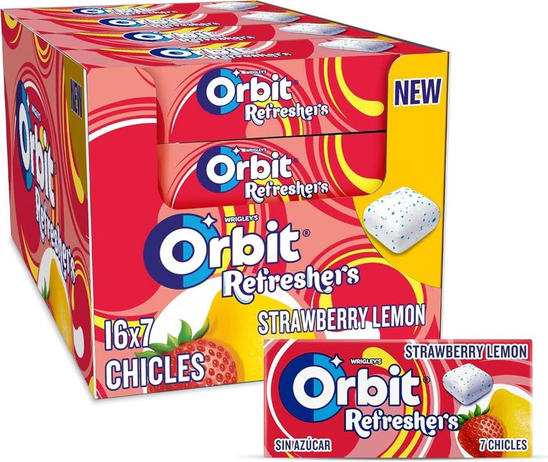 Imagen relacionada con Orbit Refreshers Chicles Sin Azúcar Fresa Limón Grageas Handypack 16x7 u. Grageas de chicle sin azúcar con sabor fresa limón.