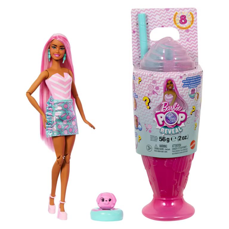 Imagen relacionada con Barbie Pop Reveal Colección Dulces Muñeca de Moda y Accesorios, temática de Sweet Swirl, Mascota y 8 sorpresas, Incluye Cambio de Color