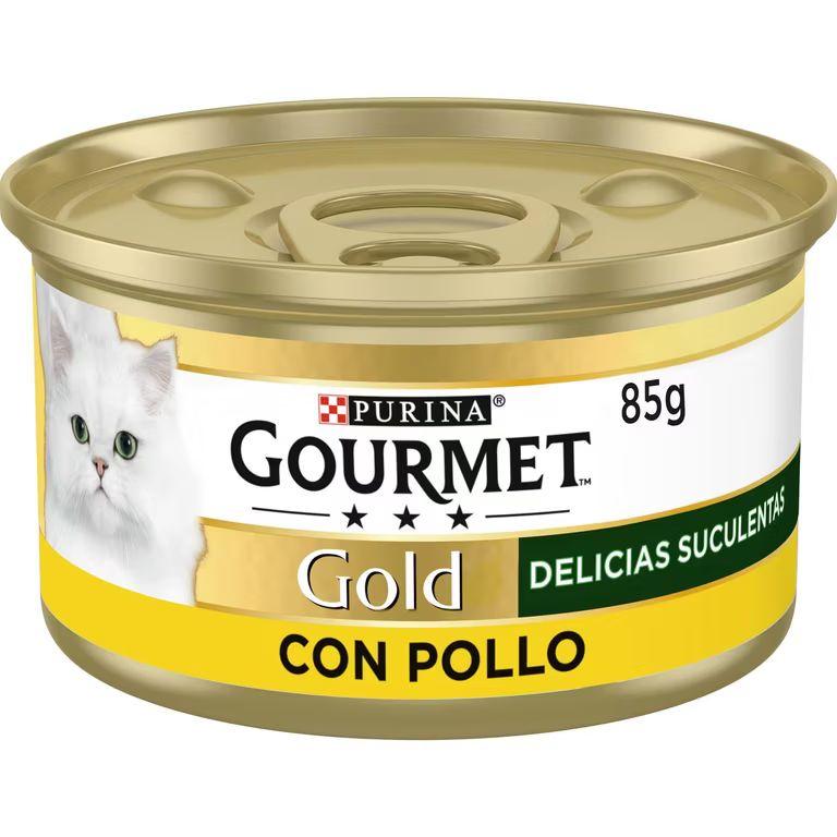Imagen relacionada con Purina Gourmet Gold Delicias Suculentas, Comida Húmeda para Gato con Pollo, 24 latas de 85g