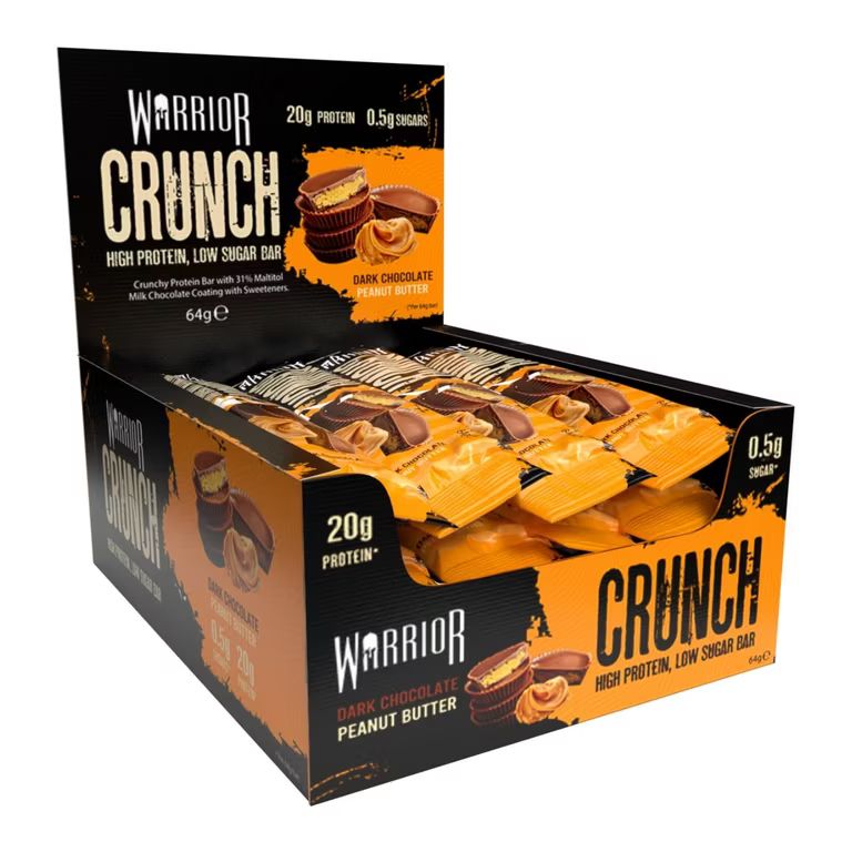 Imagen relacionada con Barritas ricas en proteínas Warrior Crunch 20g Por Barrita -- Pack 12x64g / Chocolate Negro y Cacahuete