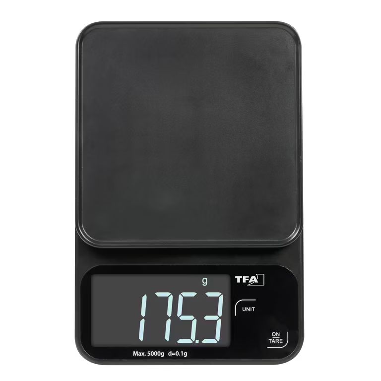 Imagen relacionada con Báscula de cocina digital TFA Dostmann 0,1 g hasta 5 kg Superficie de cristal Función de tara Balanza de precisión Pantalla LED iluminada