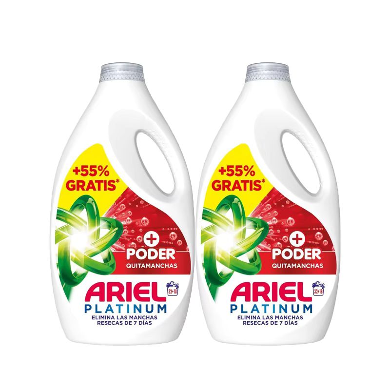 Imagen relacionada con 2x Ariel Detergente Lavadora Liquido, 32+18= 50 Lavados o (32+18)x2= 100 Lavados, Jabon Extra Poder Quitamanchas, Limpieza Profunda
