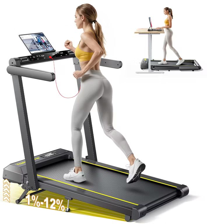 Imagen relacionada con TOPUTURE 12% Inclinación Cinta de Correr Plegable, 6 en 1 Cinta de Correr Electrica, Frecuencia Cardíaca, Dual Pantalla, Bocina Bluetooth