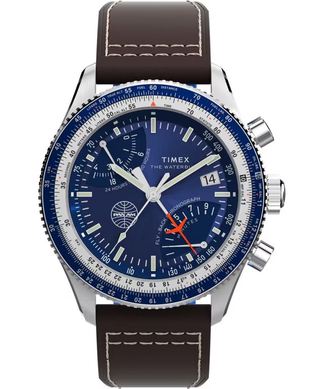Imagen relacionada con Timex Cronógrafo Flyback x Pan Am (43 mm), Esfera Azul, Correa de Piel marrón
