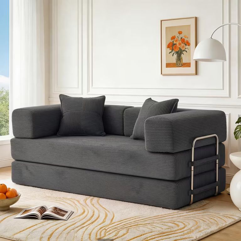 Imagen relacionada con Sofá Cama Modular 2 Plazas de 160 cm con Espuma y Muelles (Diseño Versátil 5 en 1 | Tapizado en Pana | Gris)