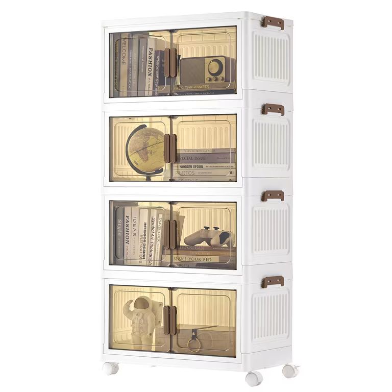 Imagen relacionada con SONGMICS Cajas de Almacenamiento de 4 Niveles, Organizador con 1 Tapa, Cajas Apilables, con Ruedas, Puerta Magnética, 45 L por Nivel