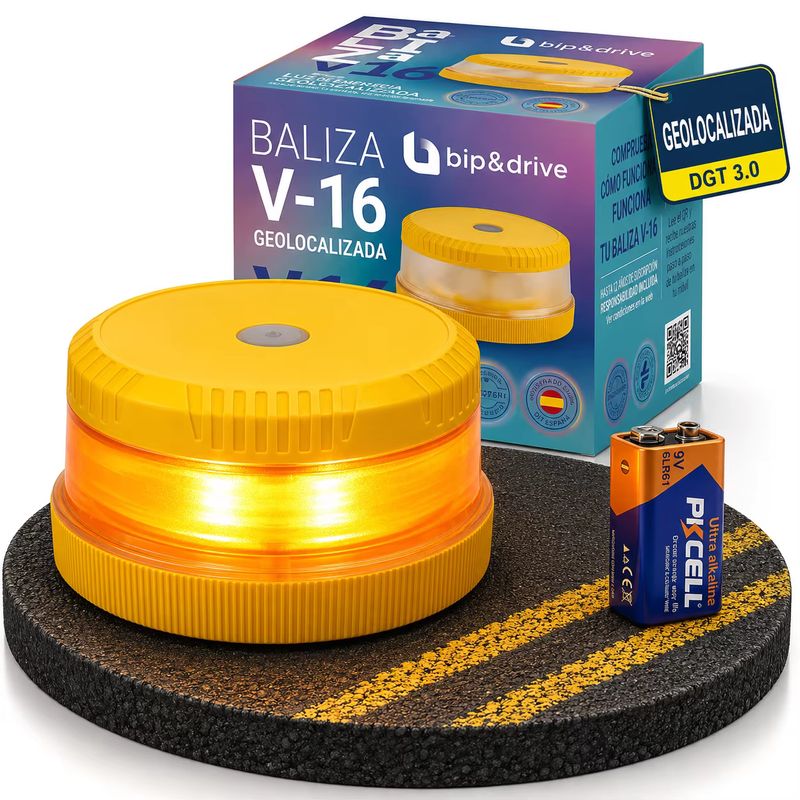 Imagen relacionada con Baliza V16 Homologada DGT con Geolocalización | Luz de Emergencia Coche LED 360° 1km | Conectada Plataforma DGT 3.0 | Resistente a la Lluvia | con Indicador de Batería y Base Imantada | Bip&Drive