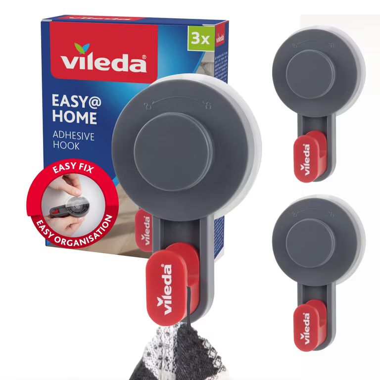 Imagen relacionada con Vileda Juego de 3 ganchos adhesivos – hasta 3 kg – Gancho de pared versátil autoadhesivo para baño, cocina y hogar – sin taladrar