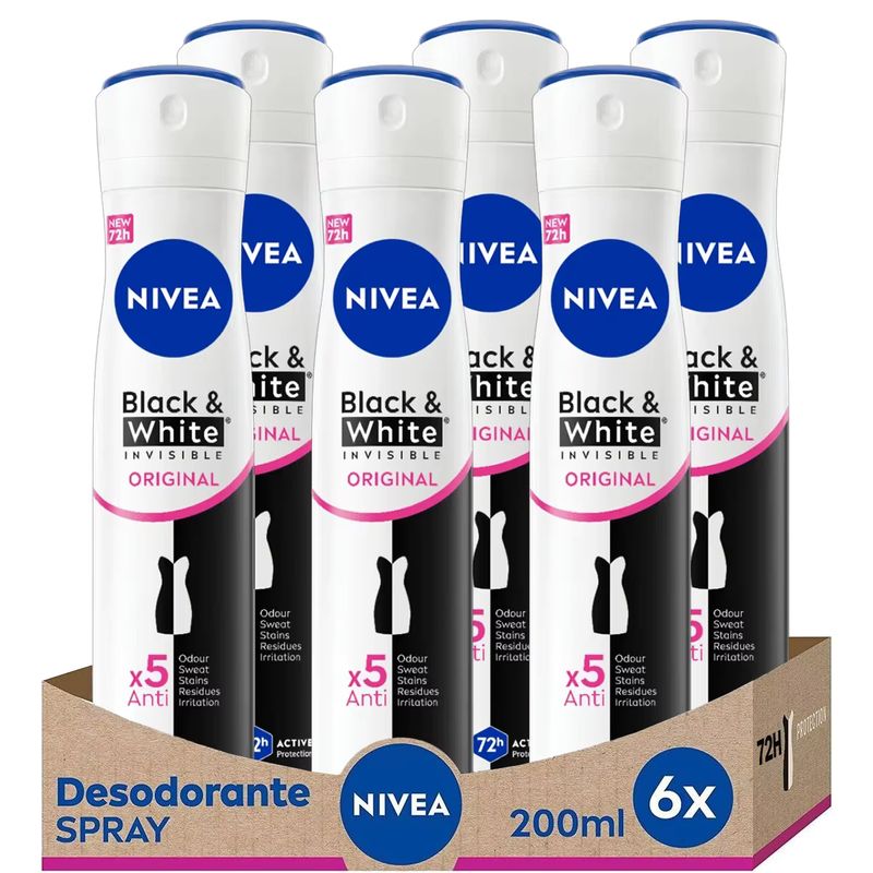 Imagen relacionada con 6x NIVEA Black & White Invisible Original Spray Desodorante 200ml, 6 unidades, 200ml*6