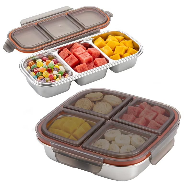 Imagen relacionada con 2uds Snack Box 3 Compartimentos, Fiambreras 4 Compartimentos.Acero Inoxidable,Herméticos para Alimentos con Tapa Fiambrera Acero Inoxidable,