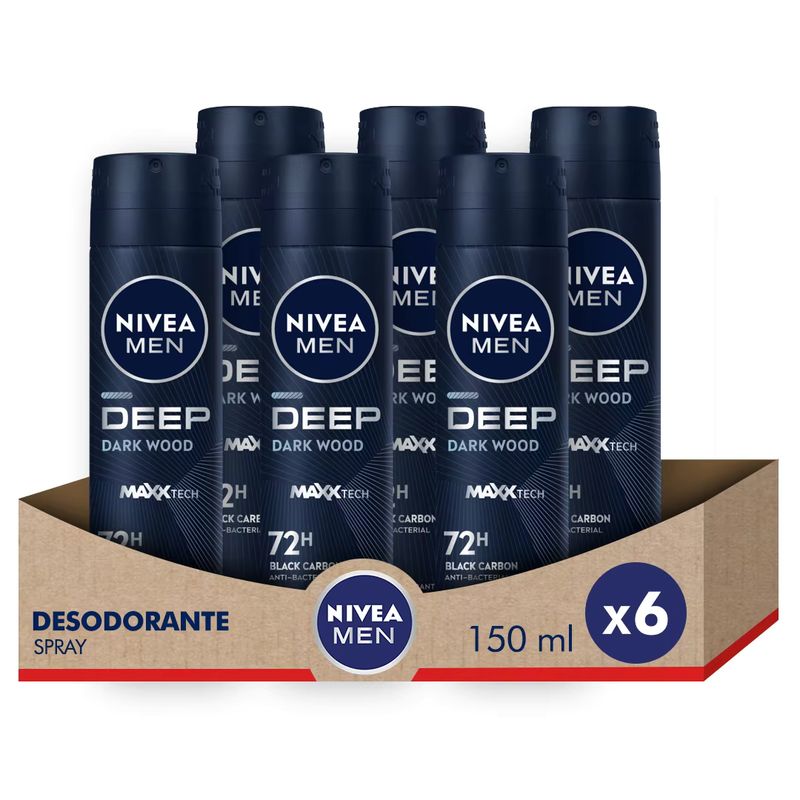 Imagen relacionada con 6x NIVEA MEN Pack ahorro - Deep Carbón Negro Dry & Clean Spray, Desodorante para hombre 150ml x 6 unidades